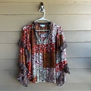 Grace & Lace Mixed Print Autumn Patchwork Ruffle Top - Size M Boho Sheer Casual